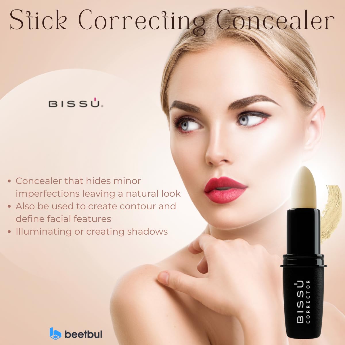 Bissú concealer stick blends easily for a natural finish and precise shading.