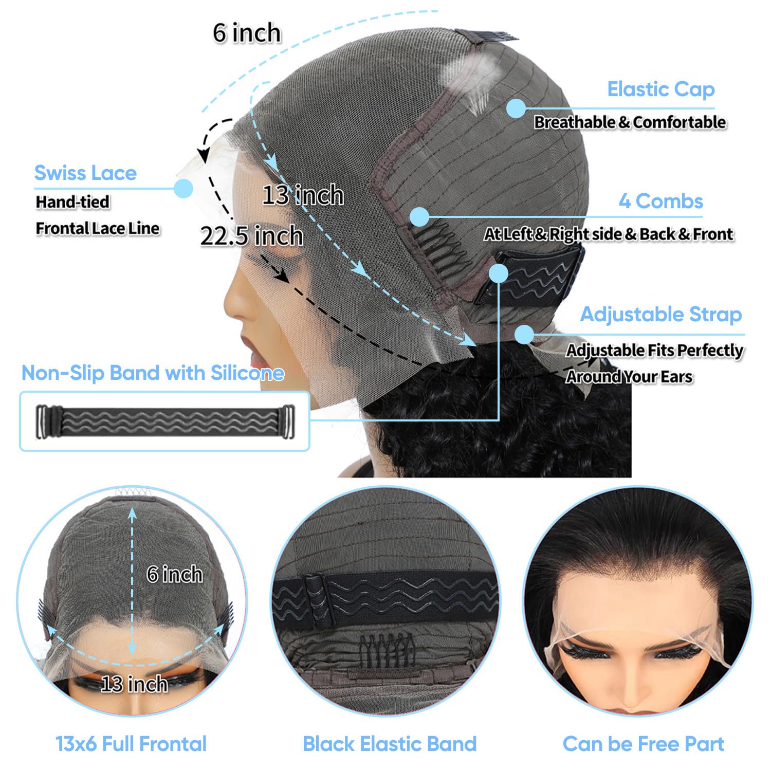 BJVT pre-plucked cap with four combs and adjustable strap for secure fit.