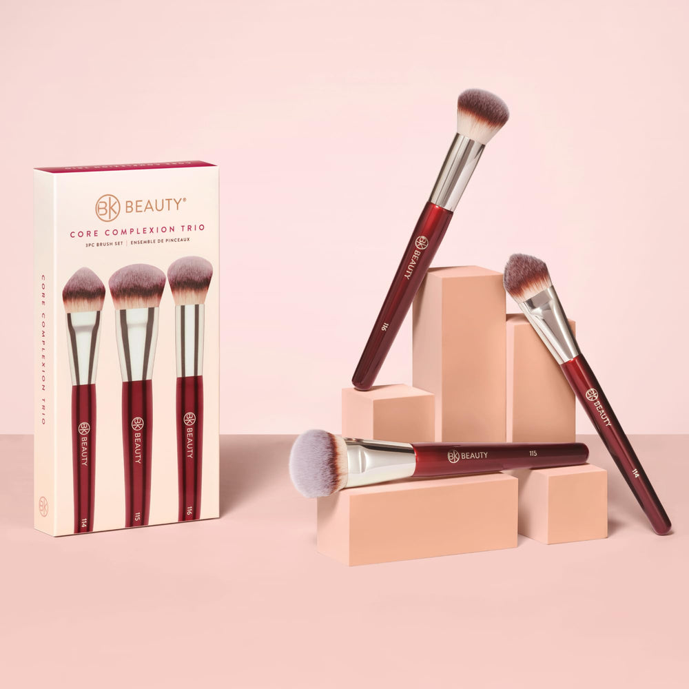 BK Beauty Core Complexion Trio close-up highlights premium synthetic fibers for mature or sensitive skin.
