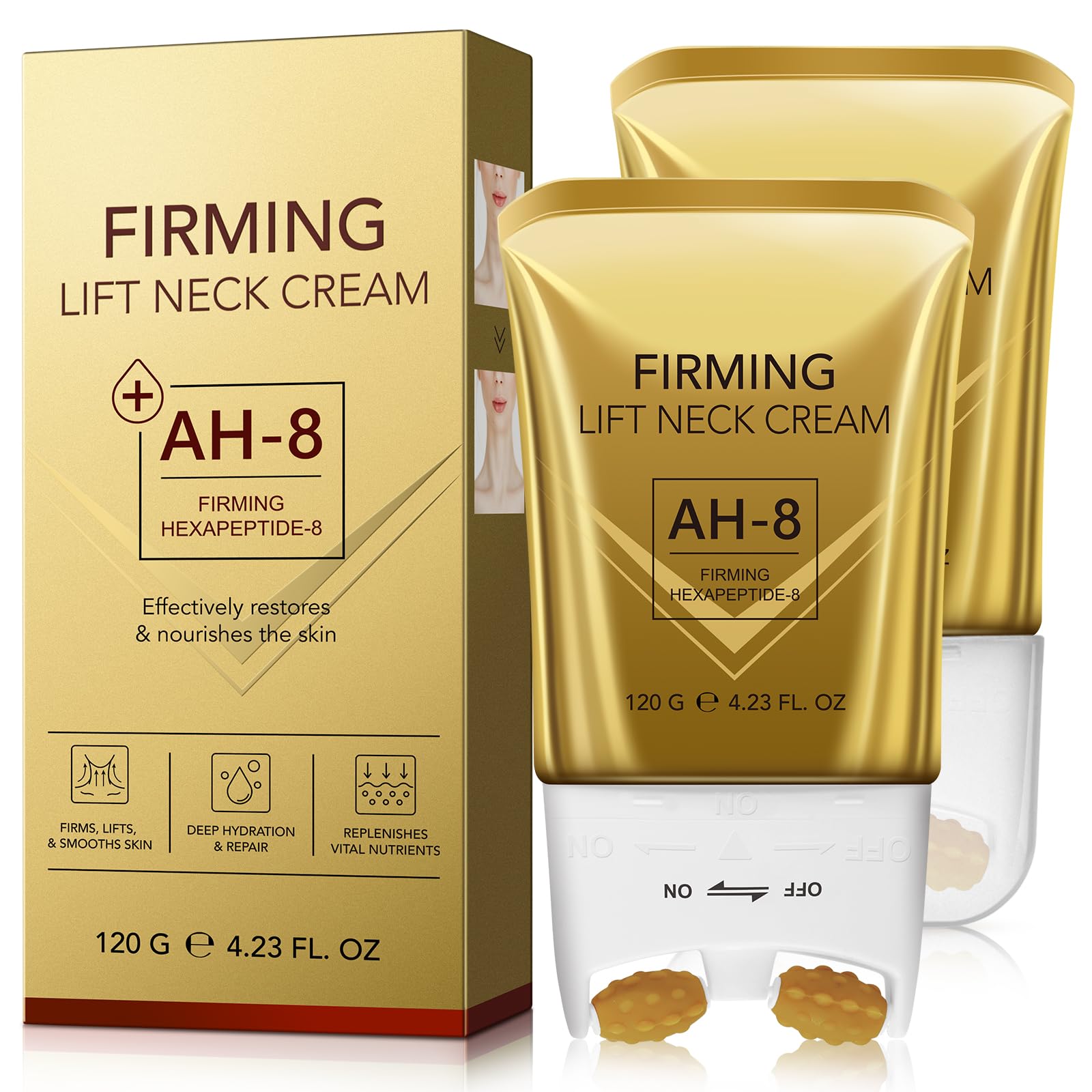 BKKTfBWK AH8 Firming Neck Cream roller close-up for deeper absorption and lift.