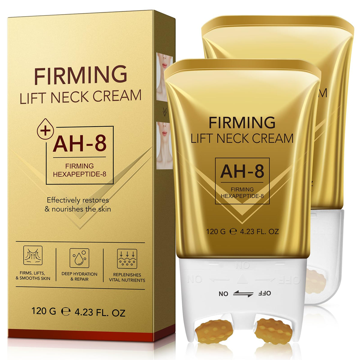 BKKTfBWK AH8 Firming Neck Cream roller close-up for deeper absorption and lift.