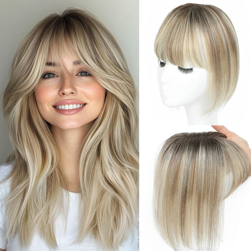Black and Pretty Hairtopper with bangs on ombre light brown for natural coverage