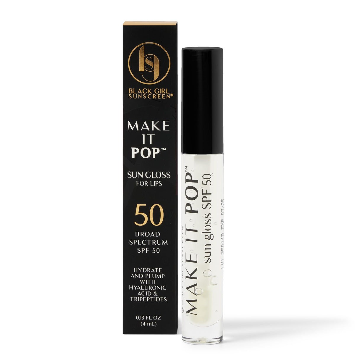 Black Girl Sunscreen Make It Pop Sungloss Clear Skies close-up on glossy lips with SPF 50 protection