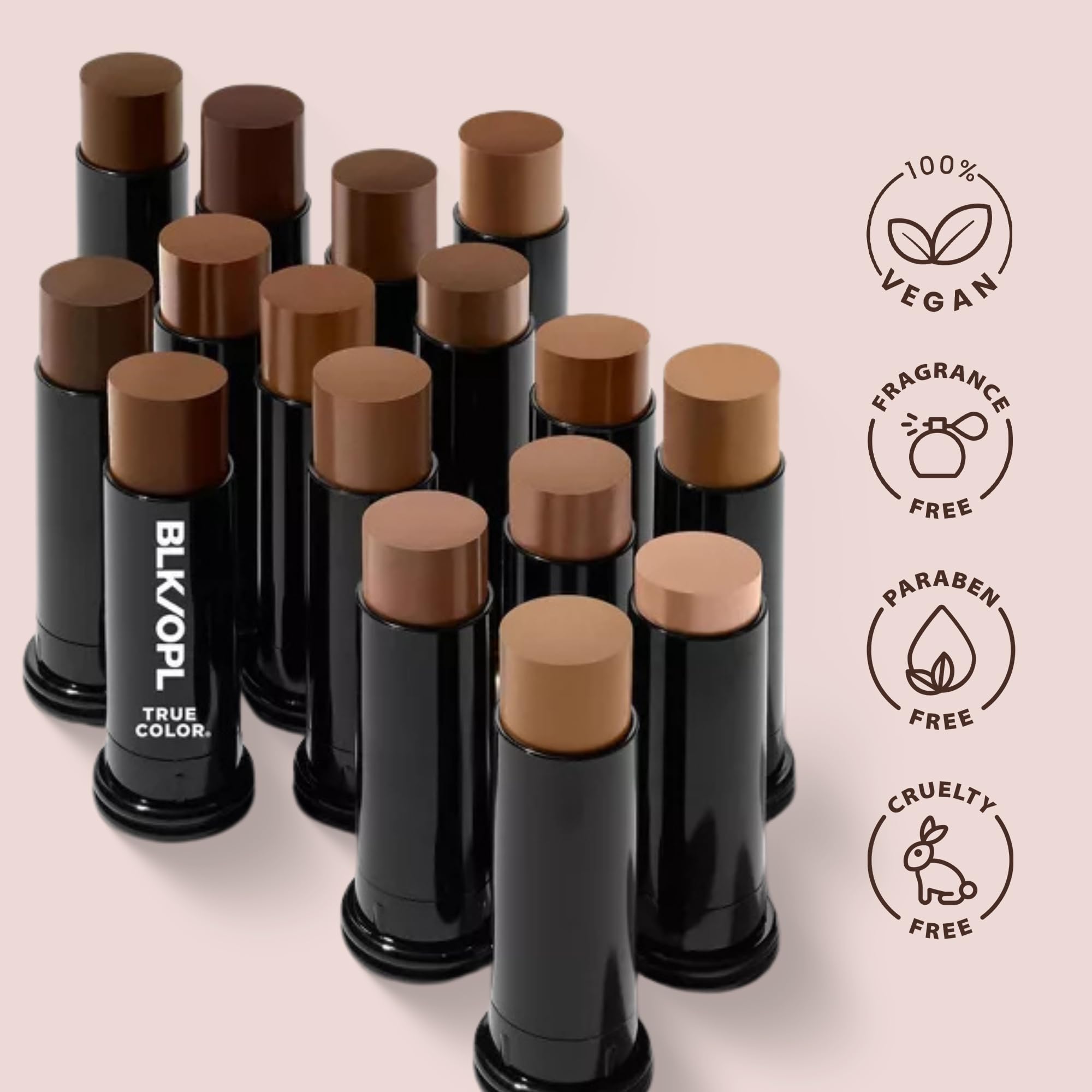 Black Opal foundation stick in use demonstrates buildable matte coverage and sculpting.