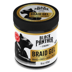 Black Panther Braid Gel bottle front view showing long-lasting hold and shine
