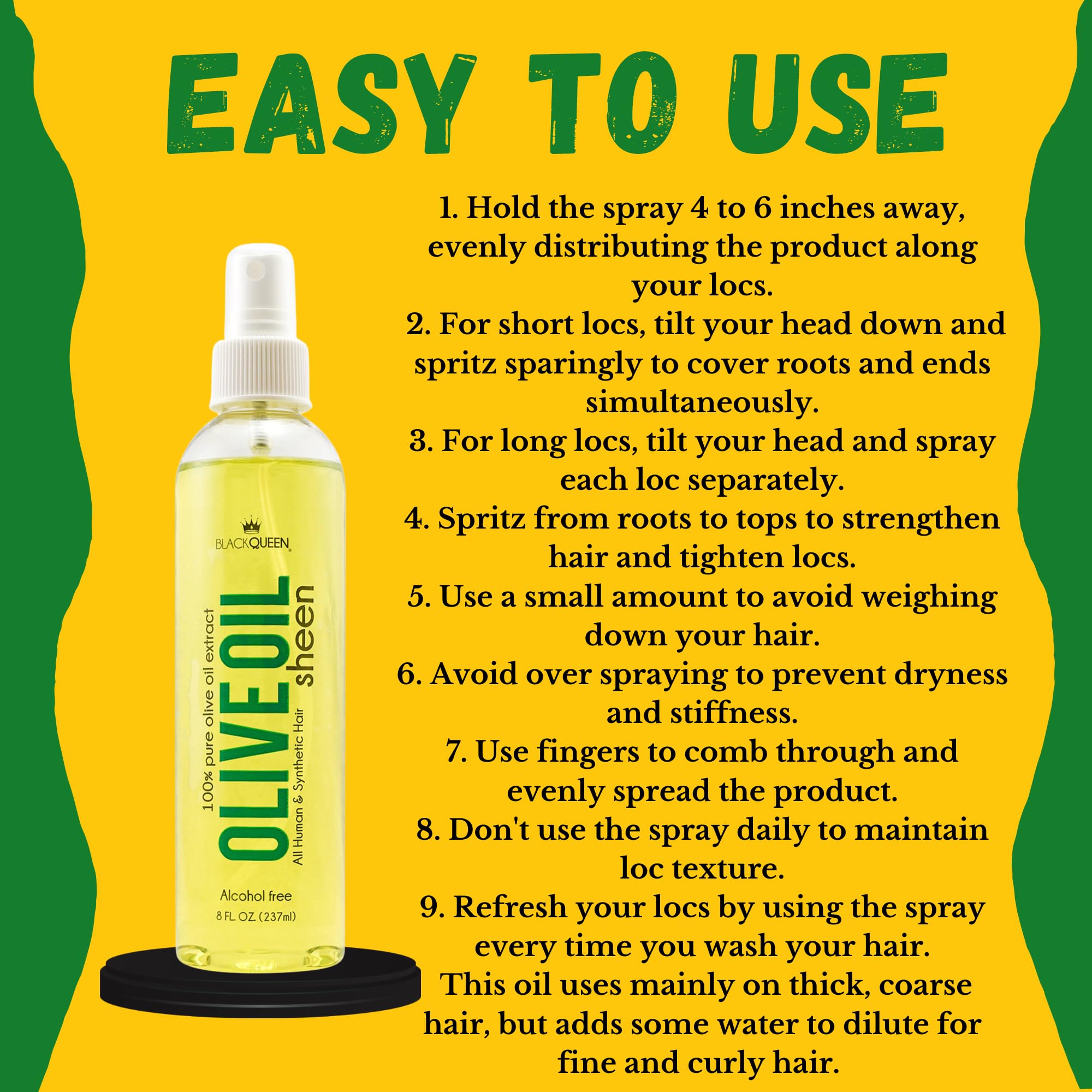 Salon-ready finish with Black Queen Loc-Safe for protective styles.