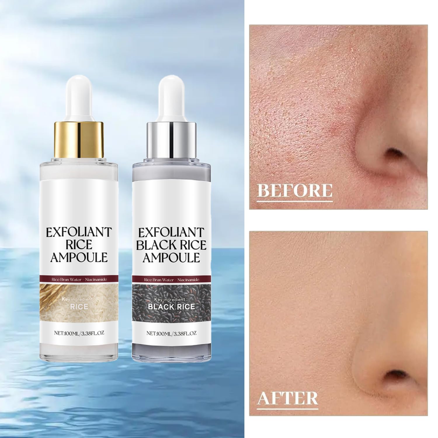Black Rice Exfoliant application routine shows 3–4 drops usage.