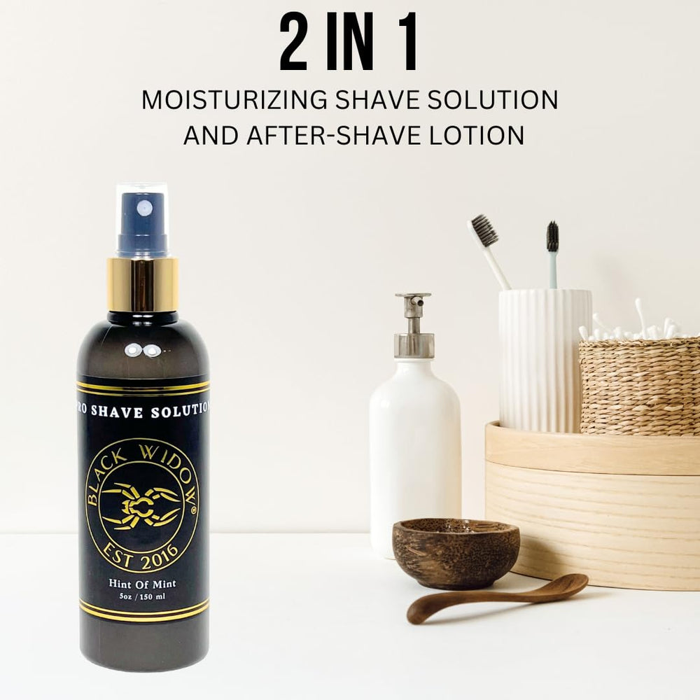 BLACK WIDOW Pro Shave No-Mess foam-free spray highlights visibility during shave.