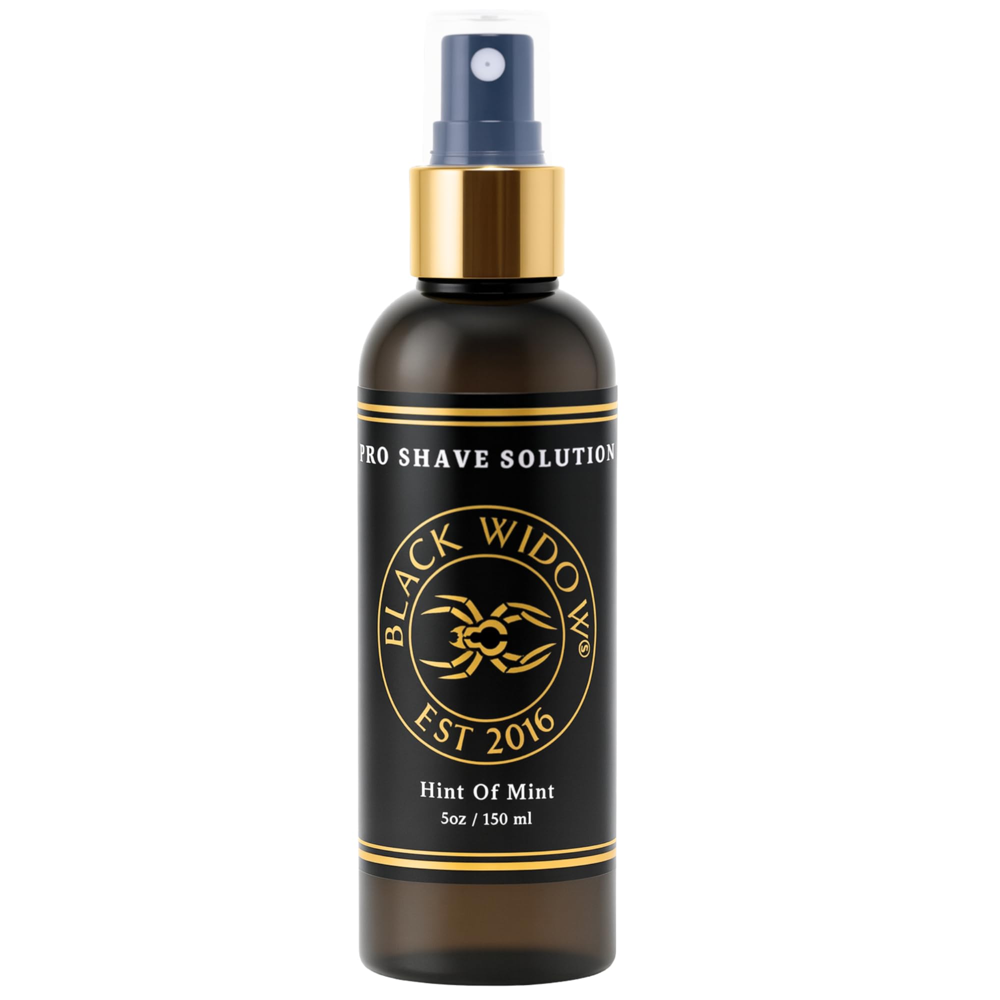 BLACK WIDOW Pro Shave Solution bottle shows a clear spray for precise, mess-free shaving.
