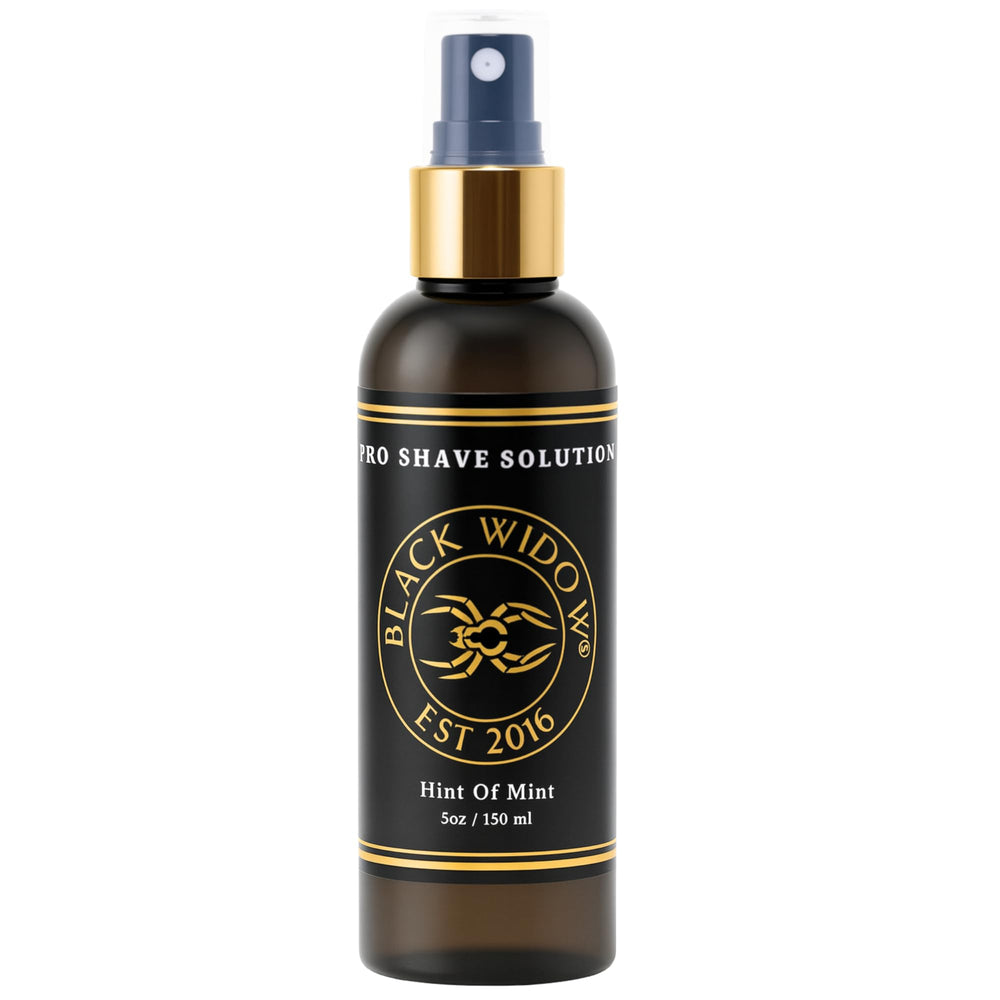 BLACK WIDOW Pro Shave Solution bottle shows a clear spray for precise, mess-free shaving.
