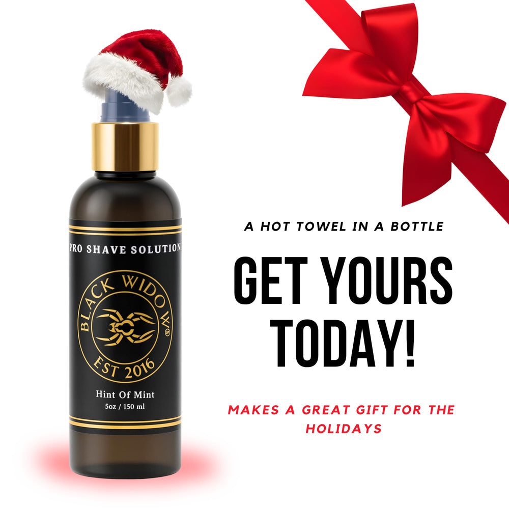 BLACK WIDOW Pro Shave Solution spray application demonstrates quick, even coverage for a comfortable glide.