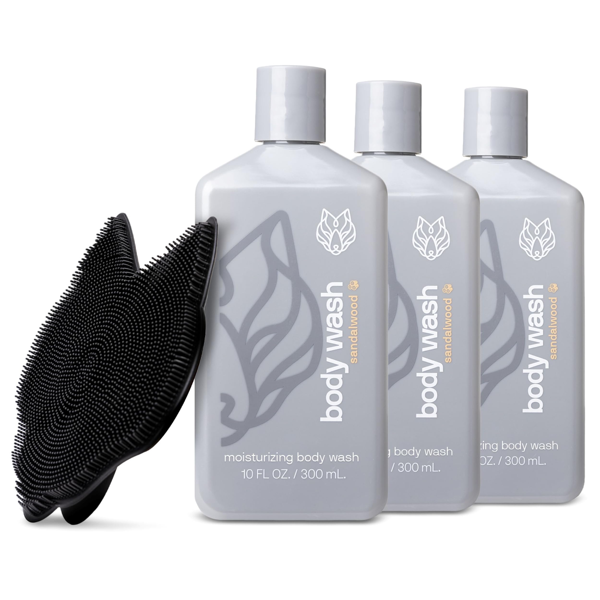 Black Wolf 3-pack body wash bottles provide sandalwood hydration for dry skin.