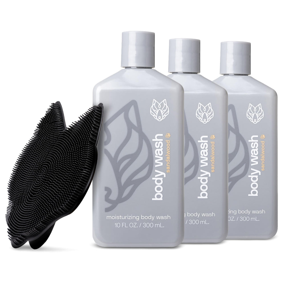 Black Wolf 3-pack body wash bottles provide sandalwood hydration for dry skin.