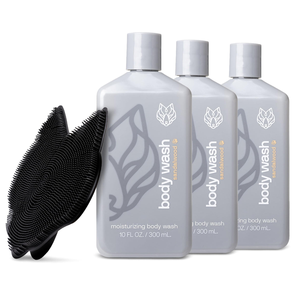 Black Wolf 3-pack body wash bottles provide sandalwood hydration for dry skin.