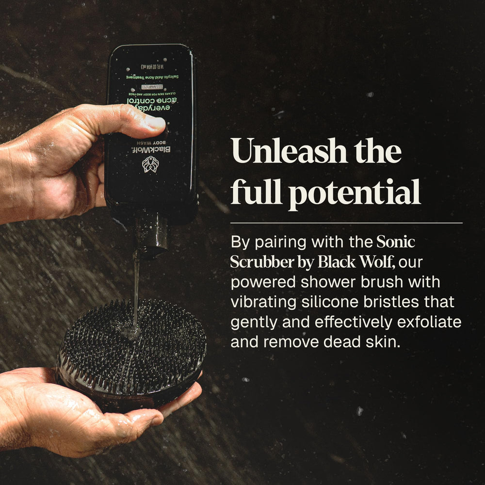 Back and chest area cleansing with Black Wolf body wash