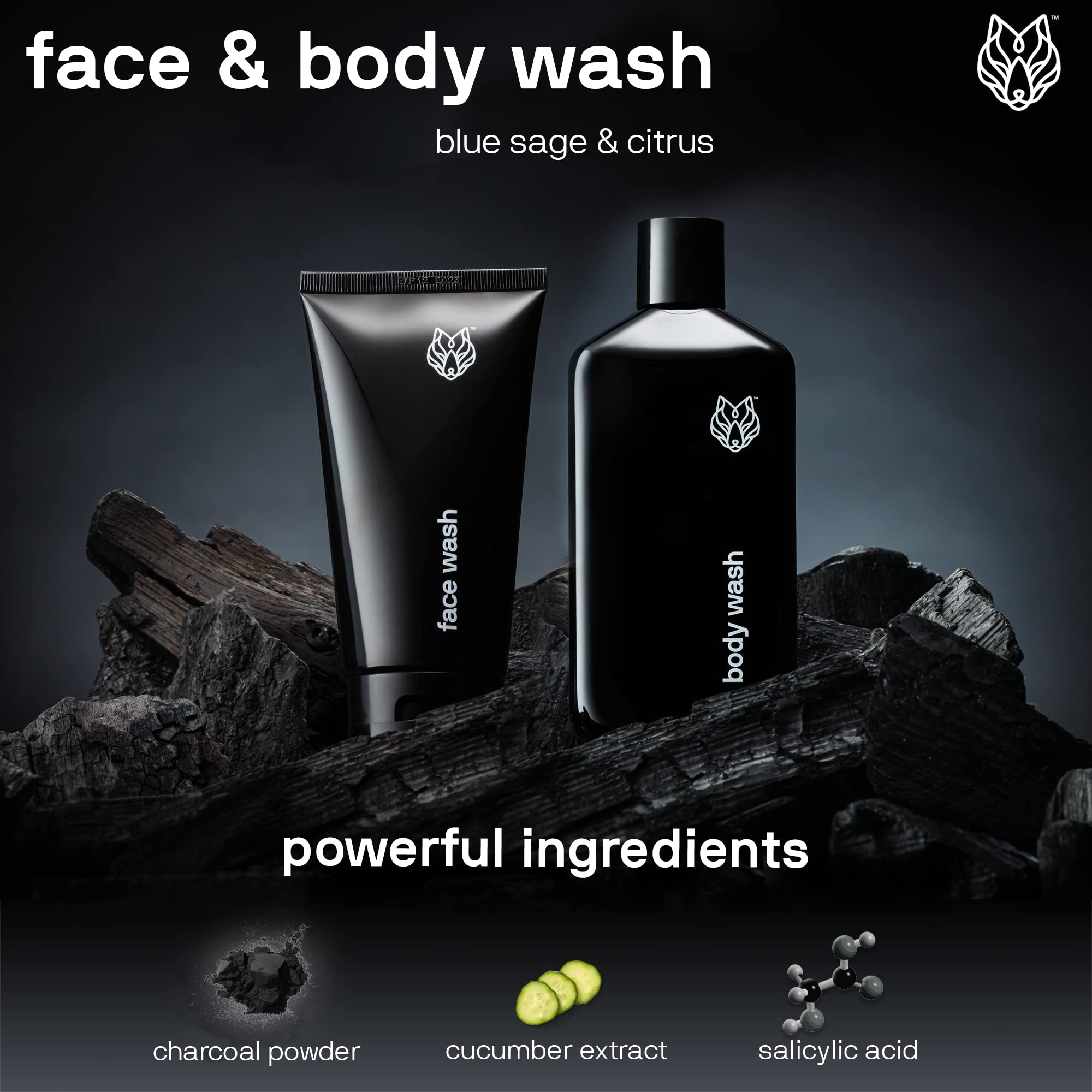 Black Wolf Charcoal Body Wash bottle showcases impurity removal for smooth skin.