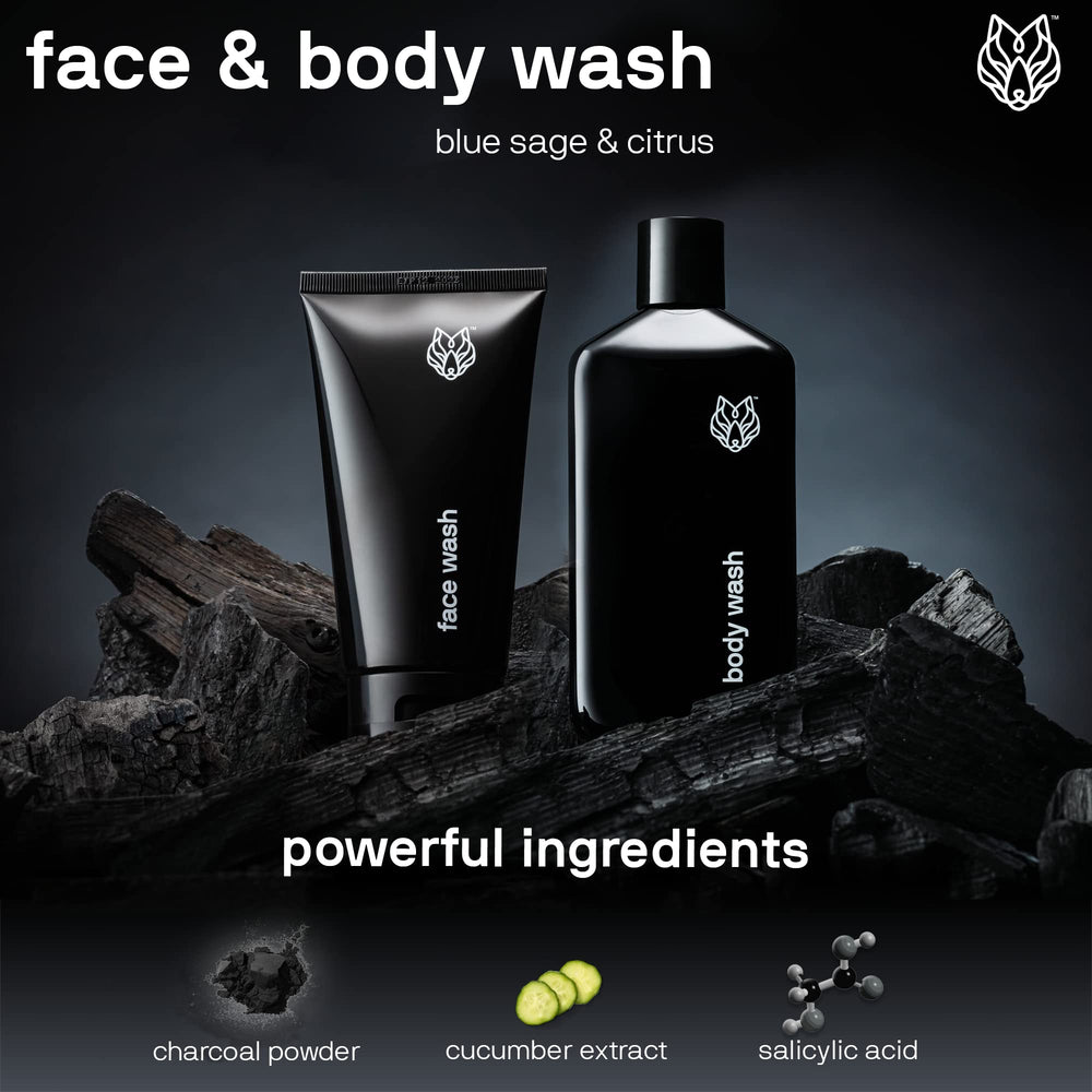 Black Wolf Charcoal Body Wash bottle showcases impurity removal for smooth skin.
