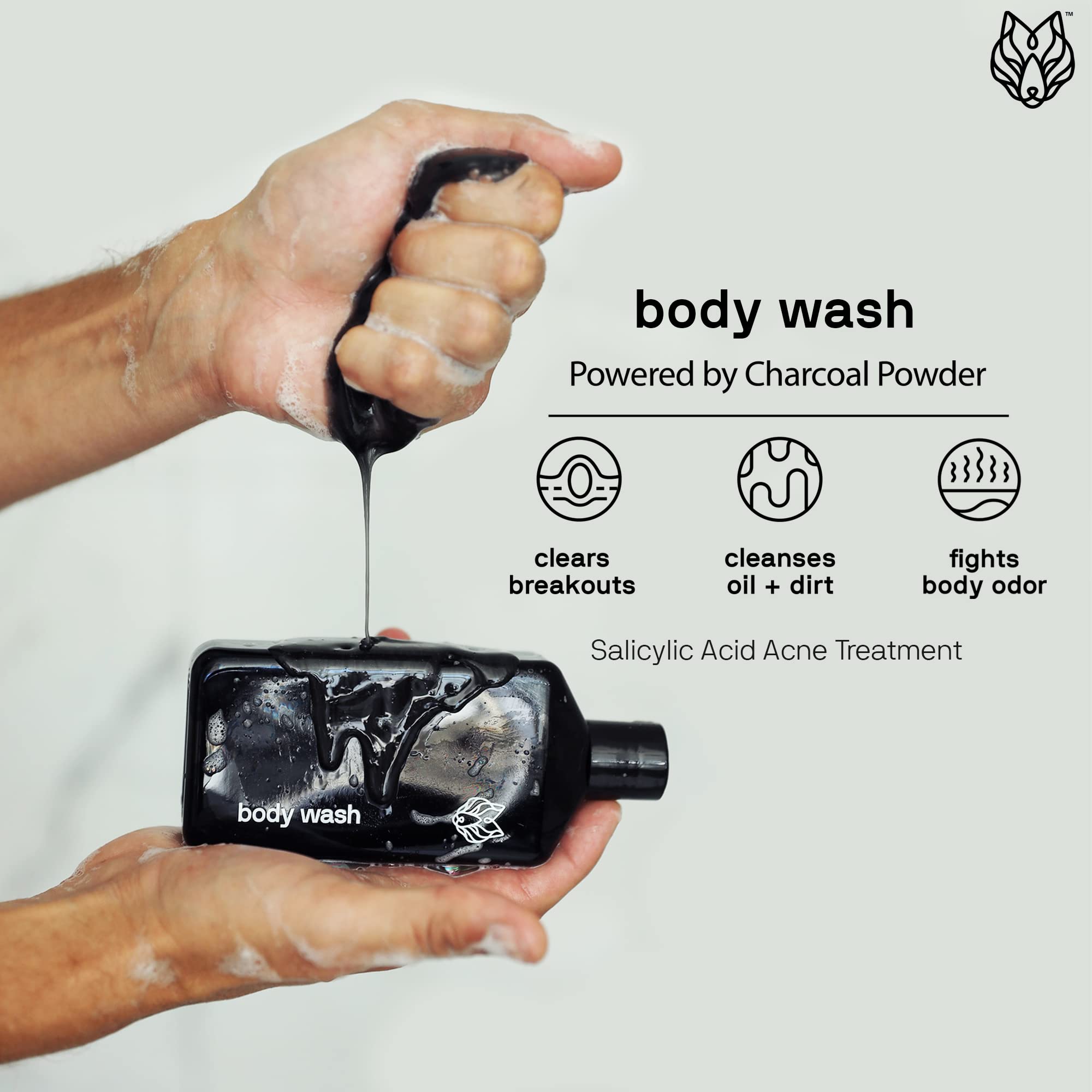 Black Wolf Charcoal Powder ingredient scoop highlights cleansing power for clear pores.