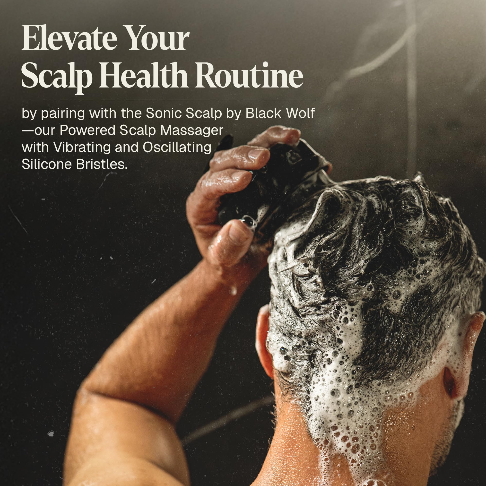 Shower routine with Black Wolf conditioner delivering salon-grade softness.