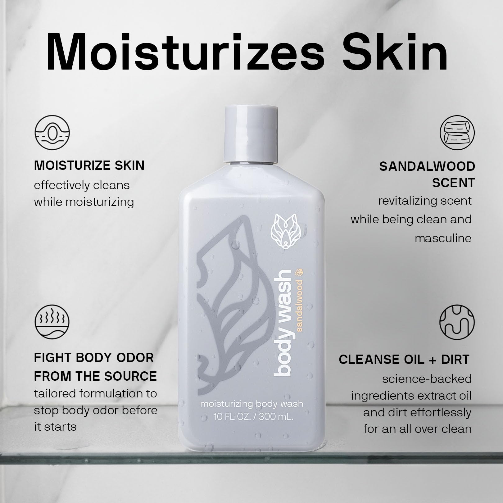 Gift-ready packaging showcases the Black Wolf body wash and scrubber set.
