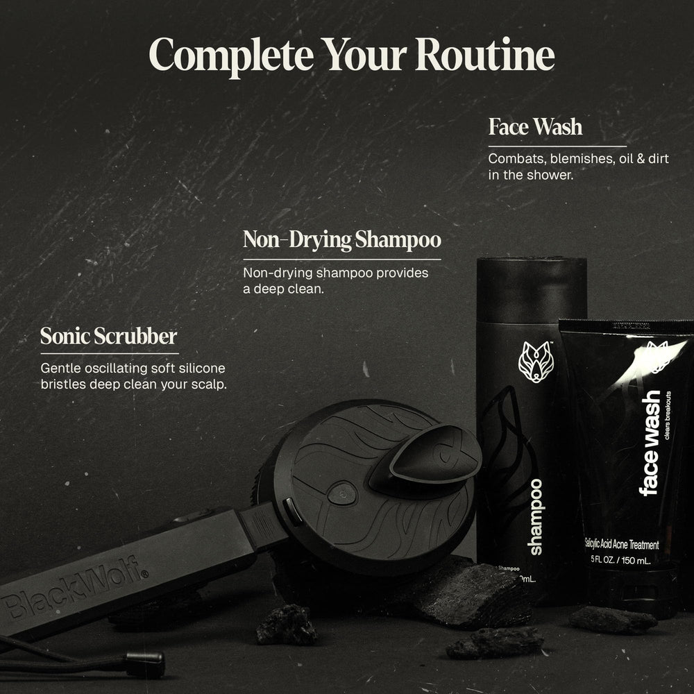 Masculine Black Wolf packaging display as a grooming solution.