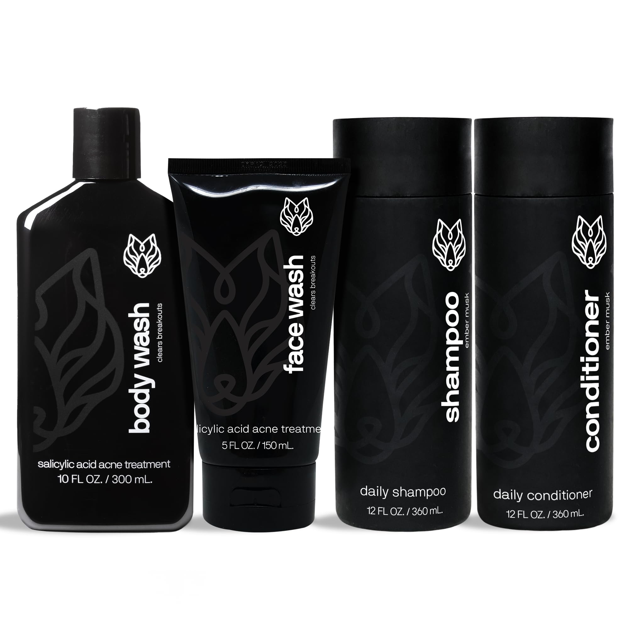 Black Wolf shower bundle—image showing all items for refreshed hair and skin