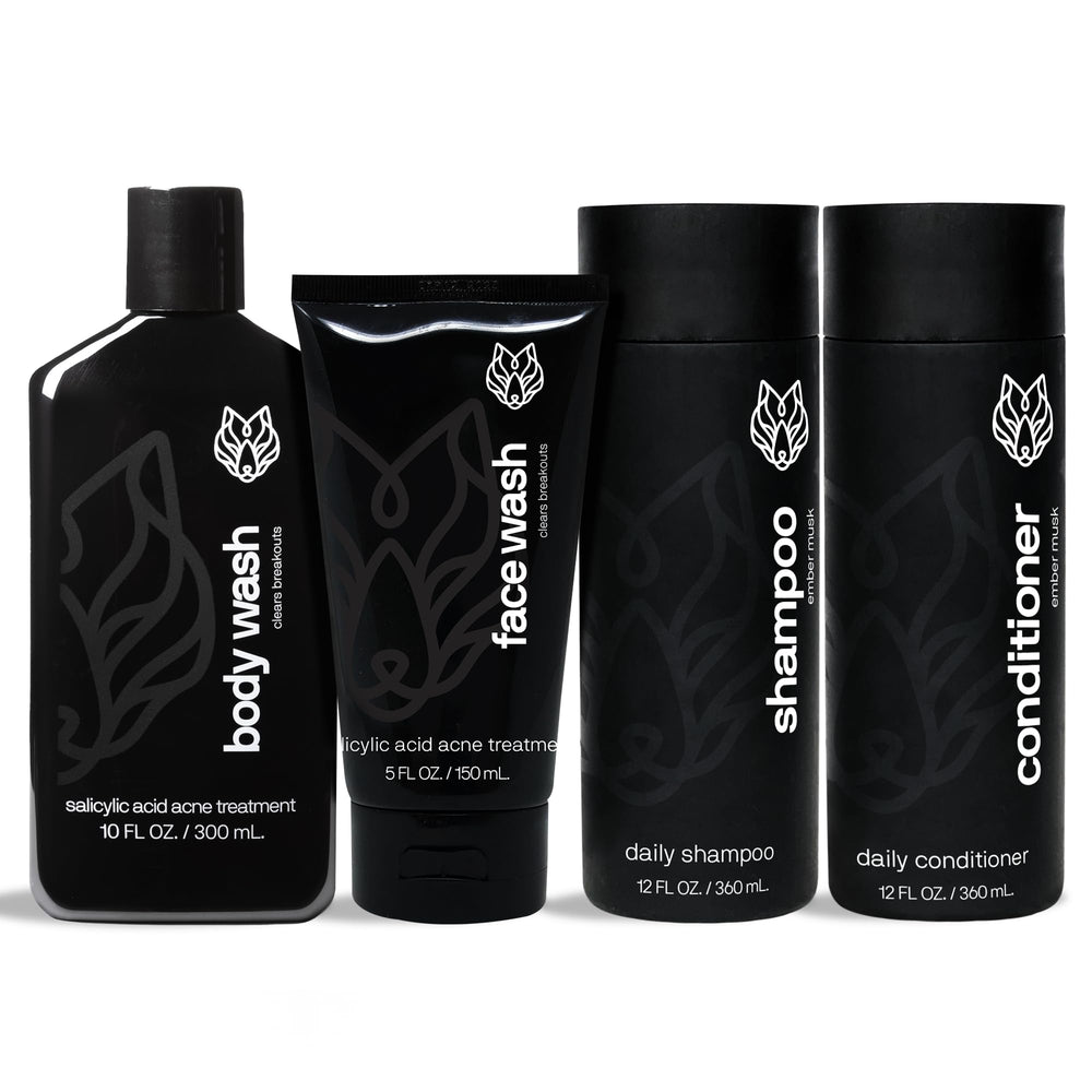 Black Wolf shower bundle—image showing all items for refreshed hair and skin