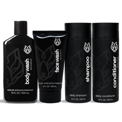 Black Wolf shower bundle—image showing all items for refreshed hair and skin