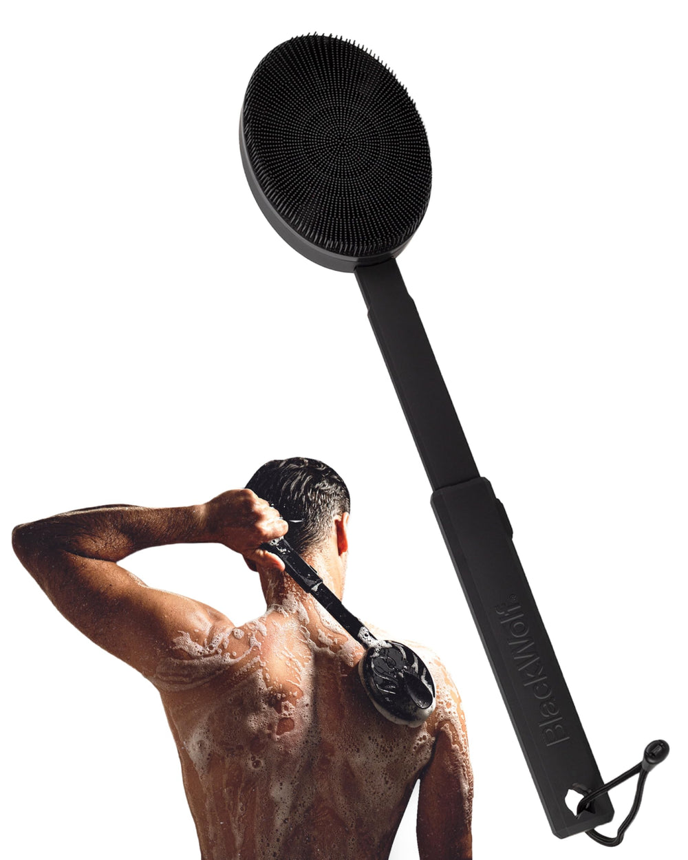 Black Wolf silicone body scrubber with back-extension handle for easy full-body cleansing