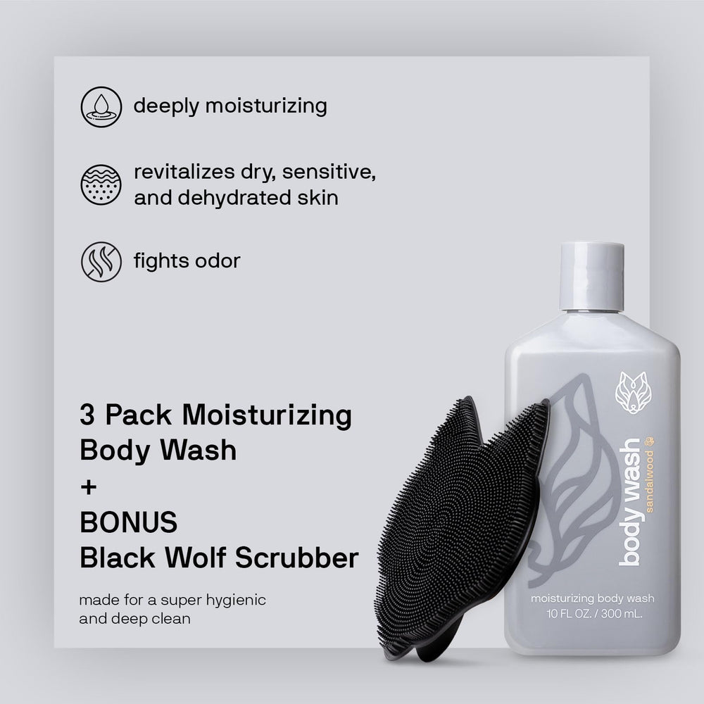 Black Wolf silicone body scrubber offers gentle exfoliation with lasting durability.