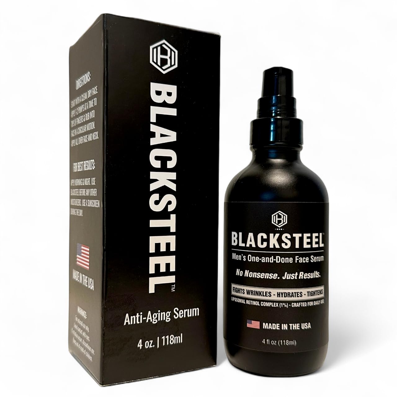 BLACKSTEEL serum bottle close-up showcasing premium matte glass for fast-absorbing daily care
