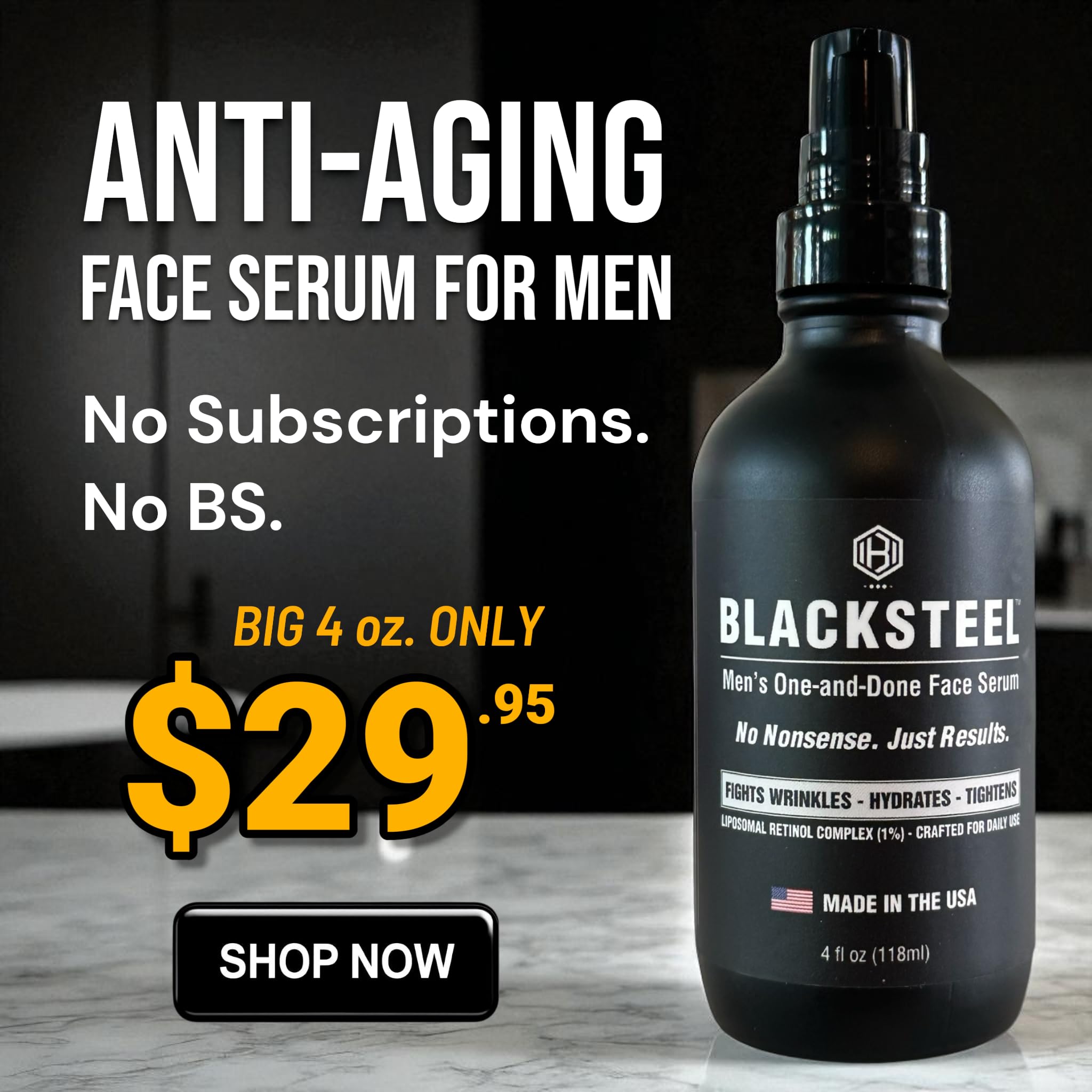 BLACKSTEEL serum dispense action showing quick, non-greasy absorption