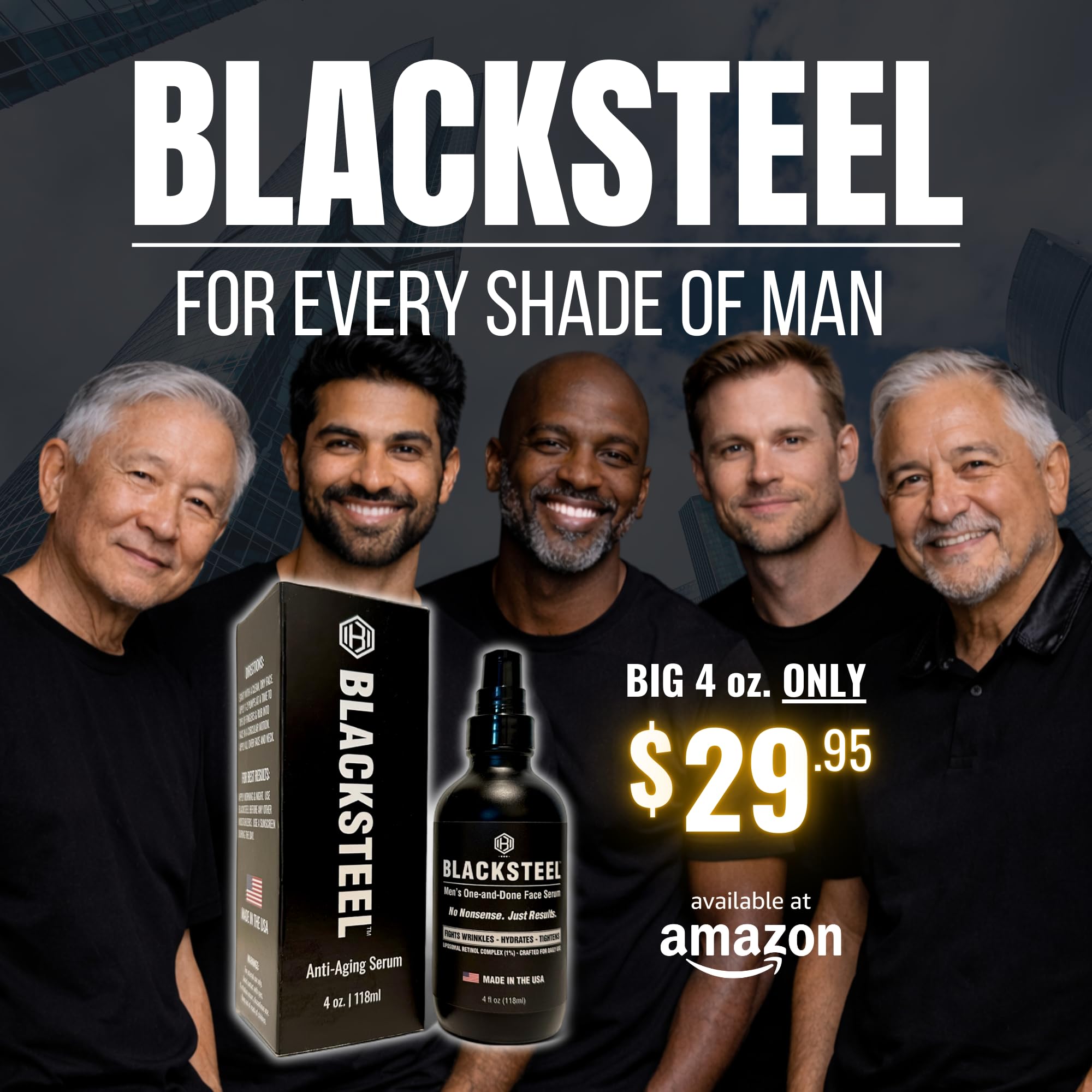 BLACKSTEEL serum texture on skin demonstrates lightweight hydration without heaviness