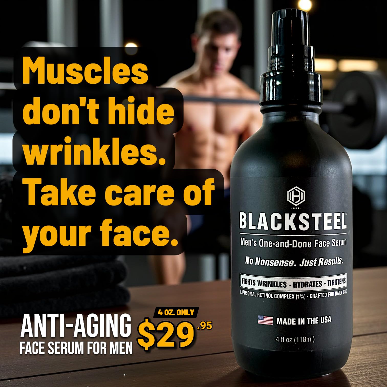 BLACKSTEEL serum USA-made label emphasizes small-batch quality ingredients