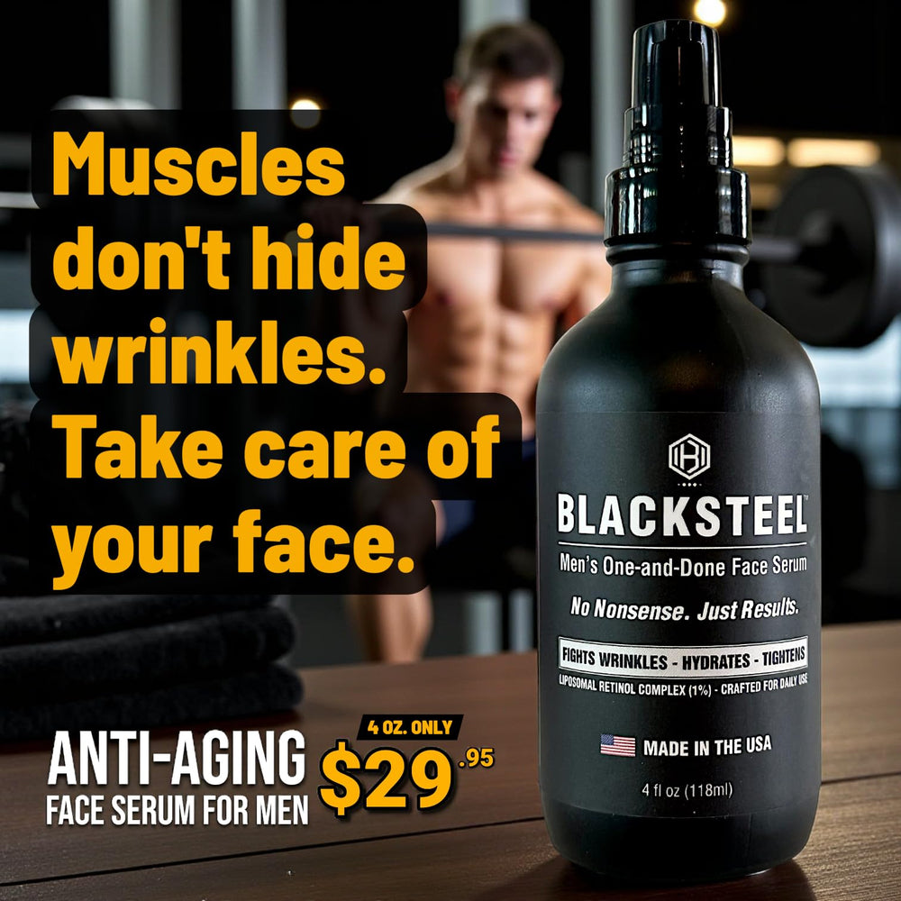 BLACKSTEEL serum USA-made label emphasizes small-batch quality ingredients