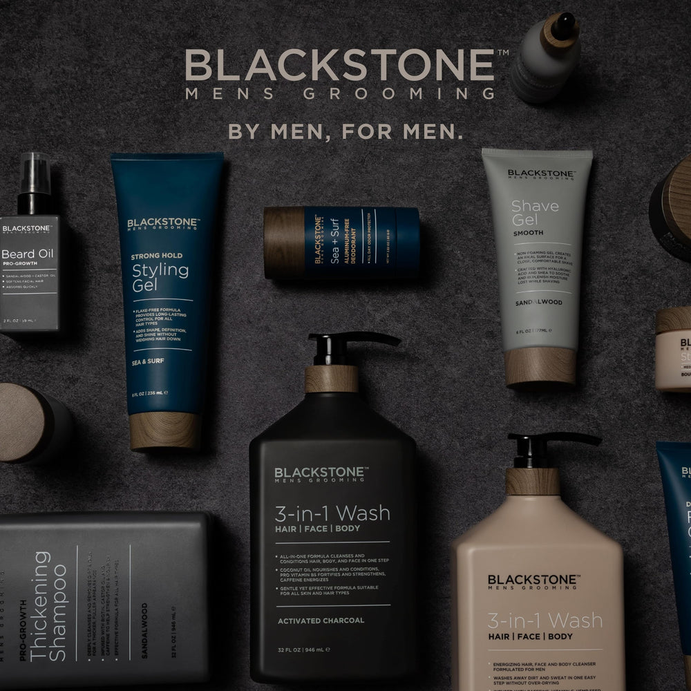 Blackstone caffeine splash emphasizes a wake-up moment during grooming.