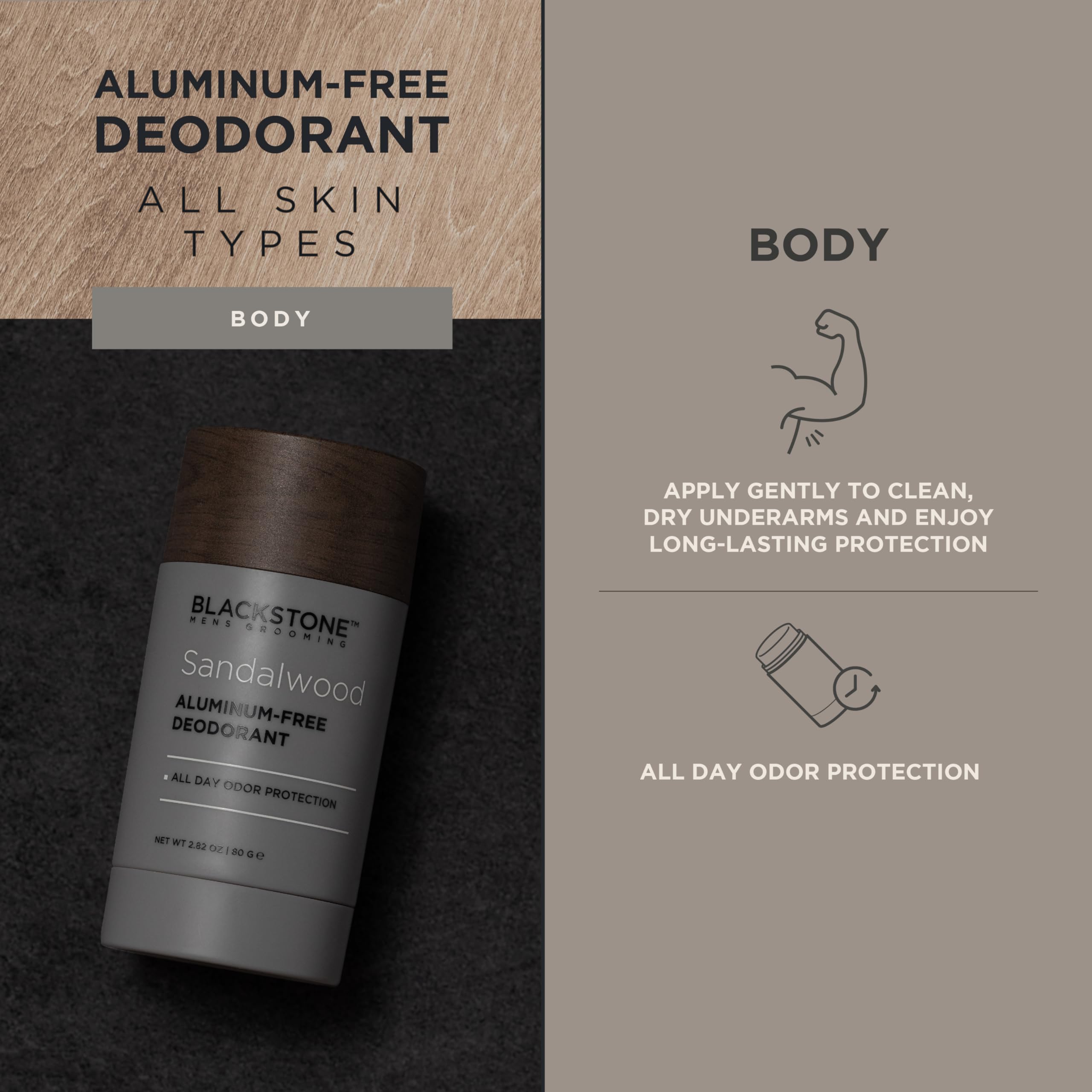 Blackstone deodorant sandalwood packaging highlights made-in-USA quality.
