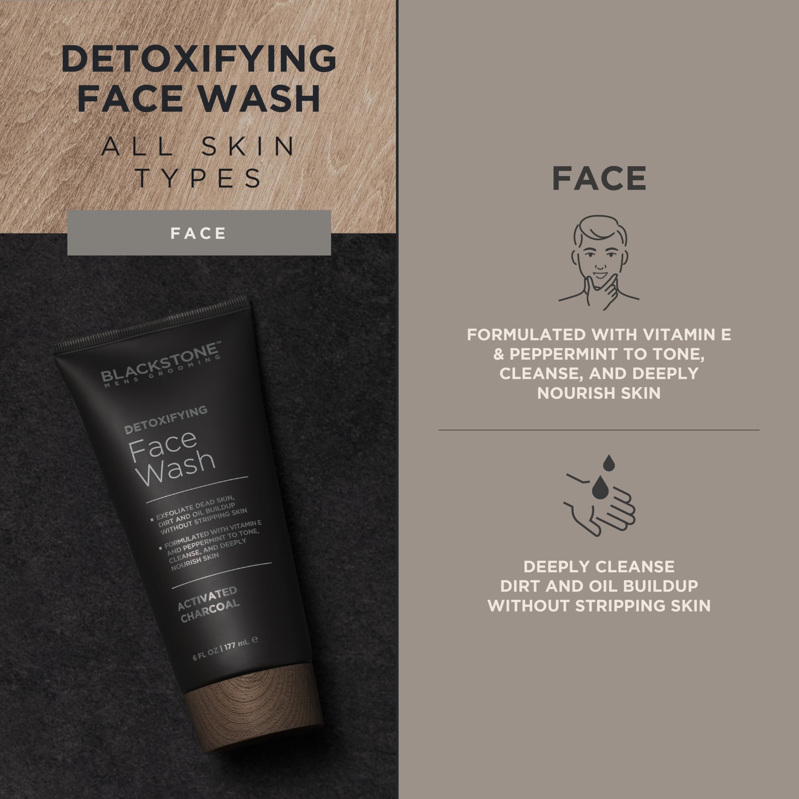 Blackstone Detoxifying Face Wash peppermint infusion delivers cooling, invigorating sensation.