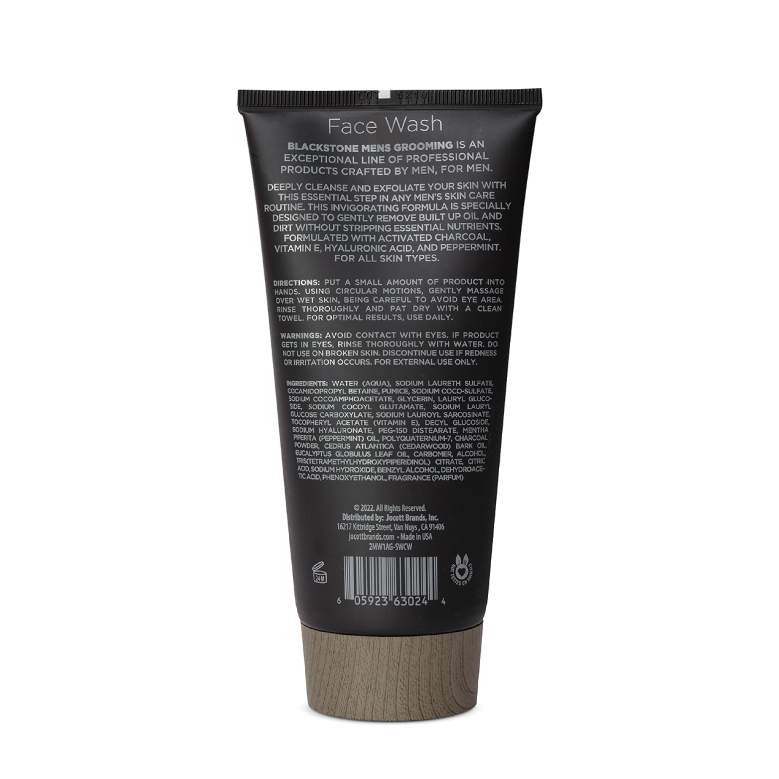 Blackstone Detoxifying Face Wash label closeup shows activated charcoal for a deep cleanse.