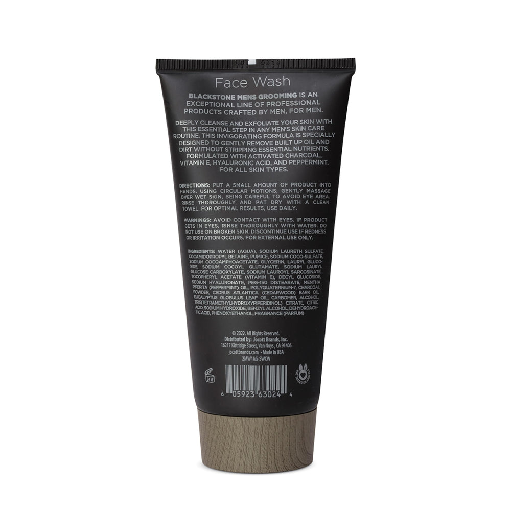 Blackstone Detoxifying Face Wash label closeup shows activated charcoal for a deep cleanse.