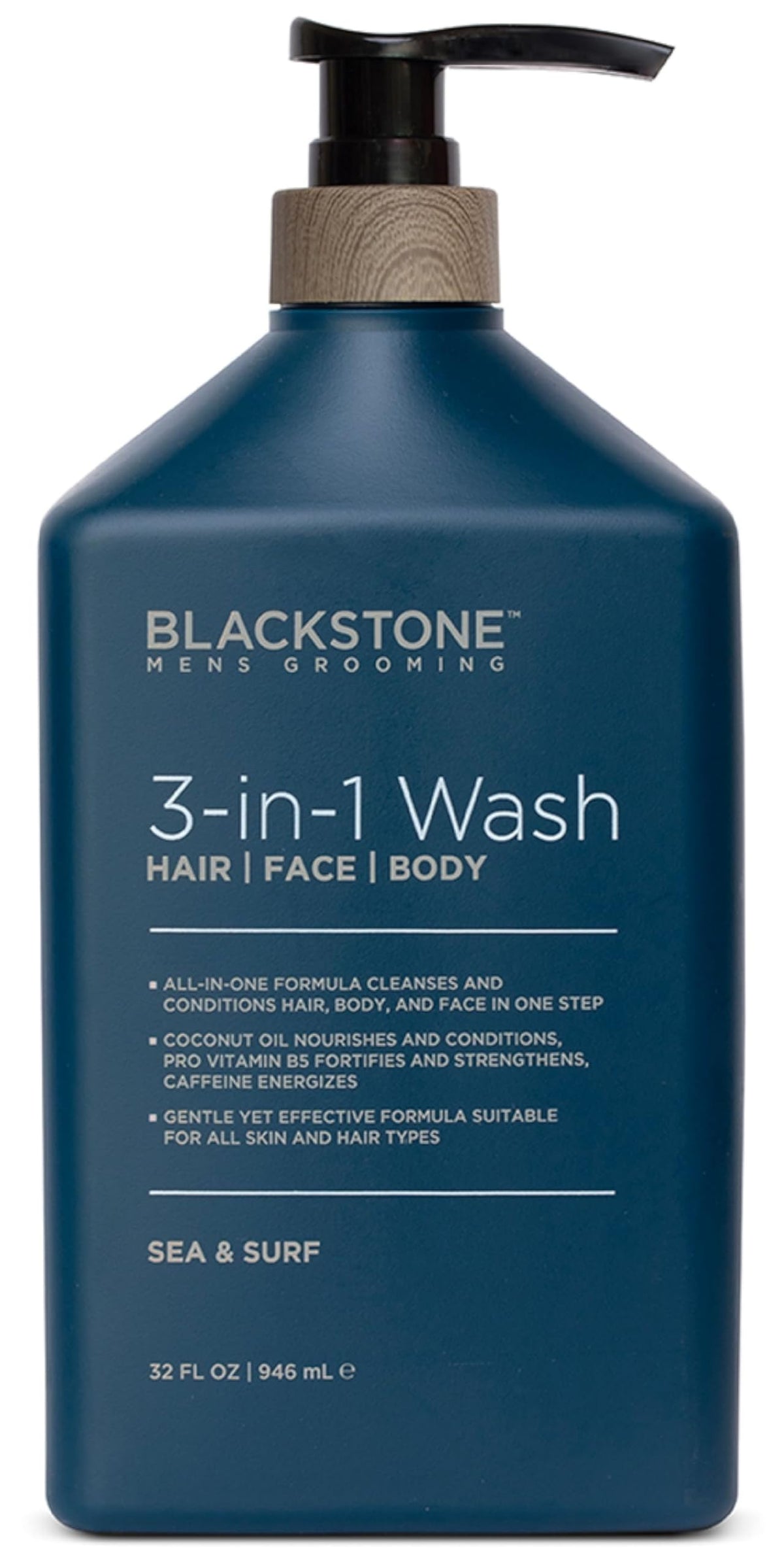 Blackstone 3in1 wash bottle shows versatile cleansing for hair, face, and body.