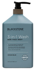 Blackstone 3-in-1 wash poured from ocean blue bottle for quick cleansing.