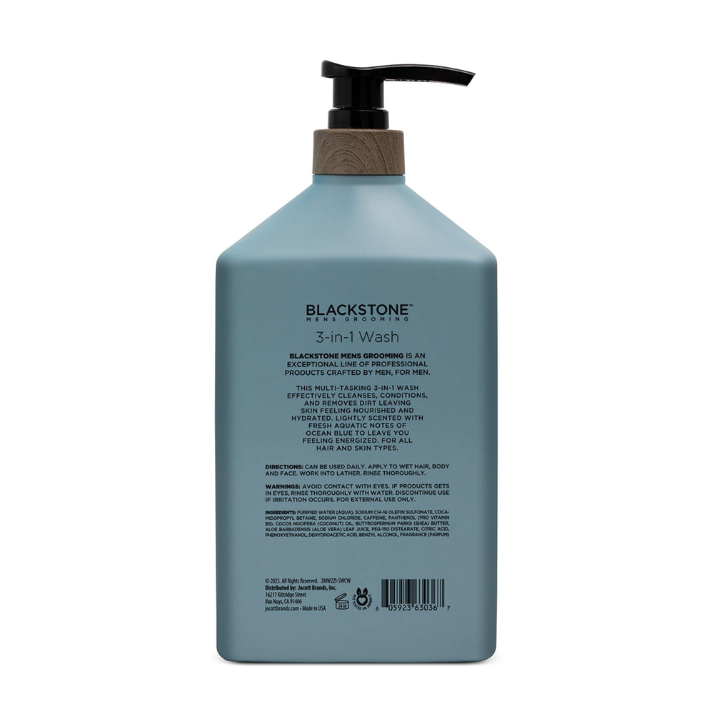 Blackstone 3-in-1 wash rich lather highlights moisturized, non-drying cleanse.