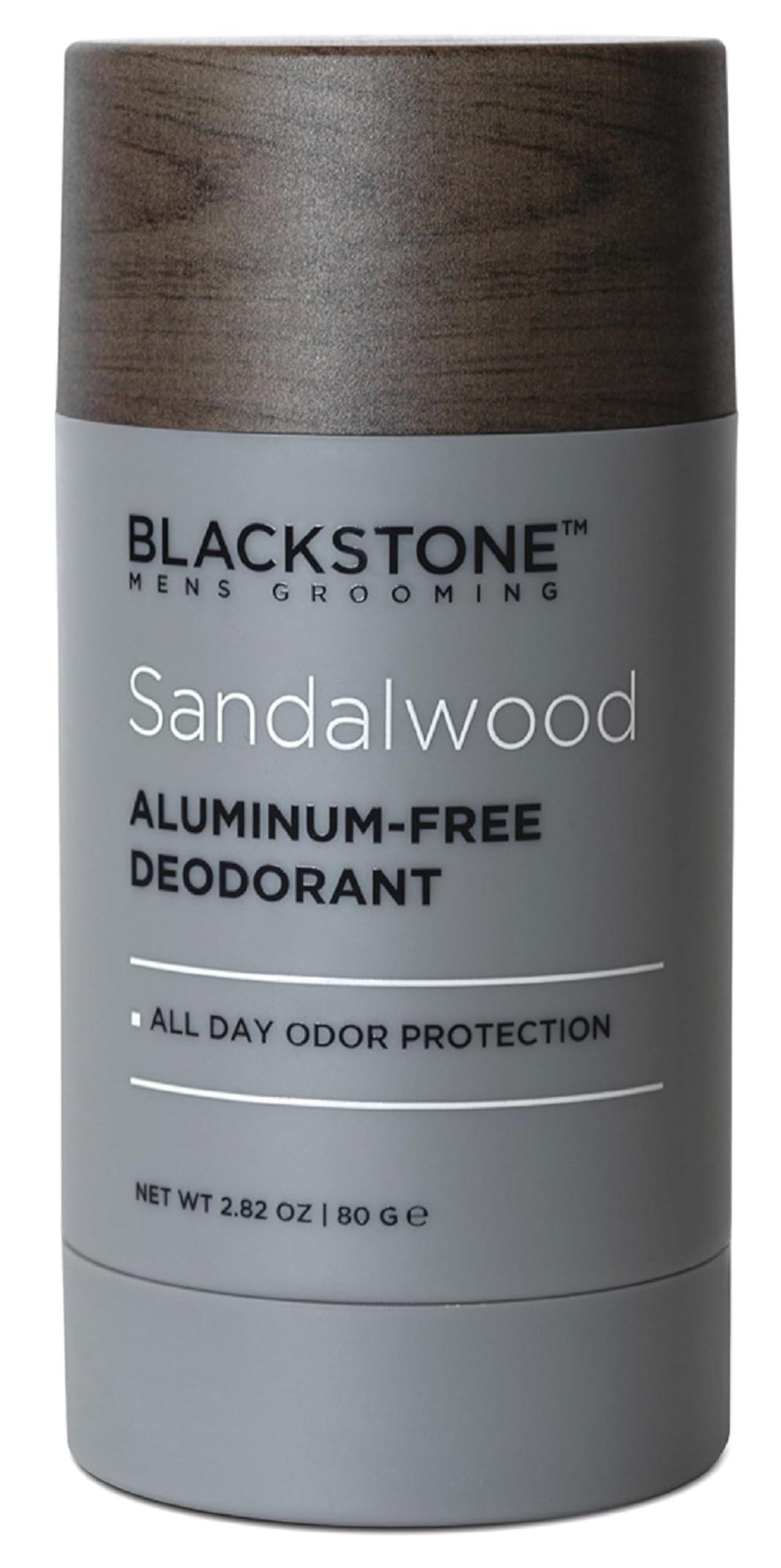 Blackstone men’s grooming deodorant sandalwood bottle highlights aluminum-free formula for all-day freshness.