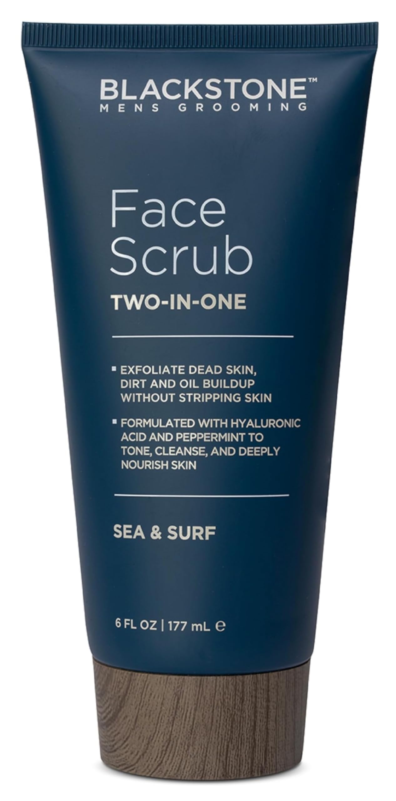 Blackstone facial scrub bottle showing deep cleansing and exfoliation benefits.