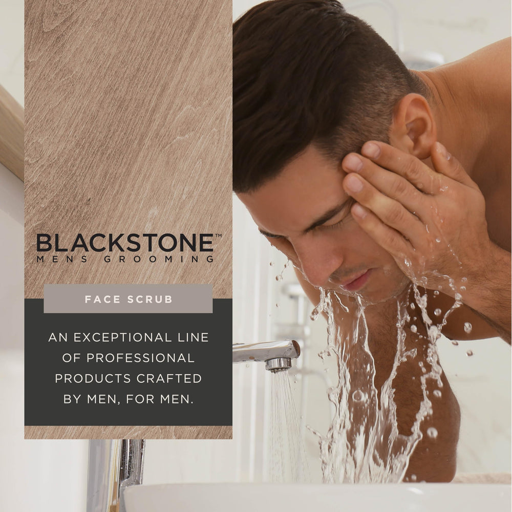 Blackstone facial scrub featuring hyaluronic acid for hydration.