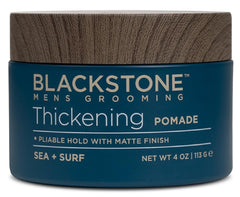 Blackstone thickening pomade bottle highlights flexible hold and matte finish.