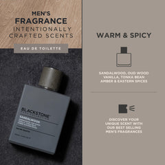 Blackstone bottle label showing oud and amber notes, premium scent
