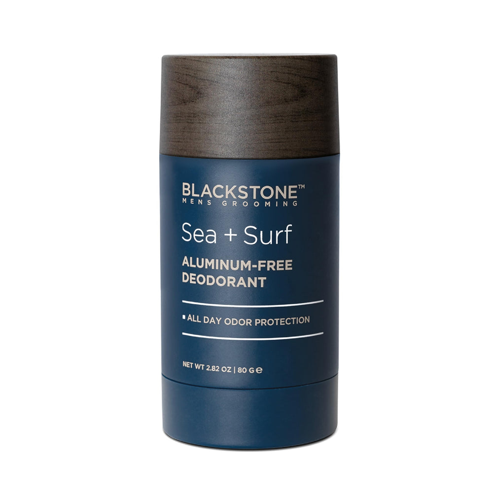 Blackstone Sea and Surf deodorant bottle shows aluminum-free formula for all-day freshness