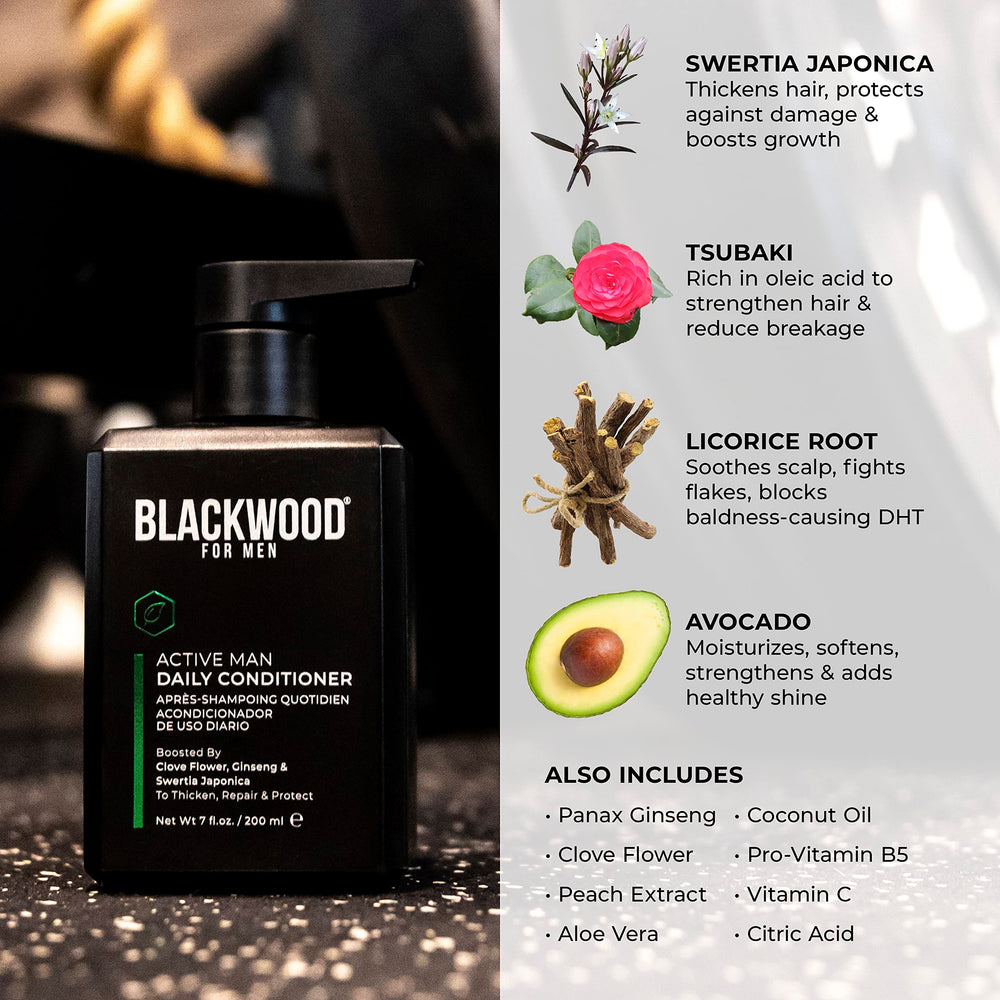 Hands applying Blackwood For Men Active Man daily conditioner on scalp